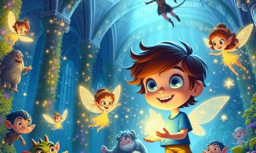 Un garçon de 8 ans, Léo, aux cheveux châtains en bataille et aux yeux curieux, se tient au centre de la scène avec un sourire émerveillé. Il porte un t-shirt bleu et un short jaune, tenant un cristal lumineux qui irradie une douce lumière dorée. À ses côtés, Clochette, une fée délicate avec des ailes scintillantes, vole joyeusement autour de lui, ses yeux brillants d'excitation. En arrière-plan, Gribouille, une gargouille majestueuse, sourit en observant la scène. L'action se déroule dans une caverne magique éclairée par des cristaux luminescents, avec des murs recouverts de lierre et de fleurs colorées, créant une atmosphère féerique. Léo, Clochette et Gribouille célèbrent leur victoire après avoir trouvé le cristal de lumière, illuminant la caverne d'une magie éclatante, tandis que des rires résonnent dans l'air enchanté.