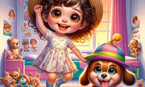 Lila, une petite fille de 4 ans aux grands yeux brillants et aux cheveux châtains bouclés, se tient au centre d'une chambre colorée. Elle porte une robe à fleurs et des chaussettes rayées, riant aux éclats avec un chapeau de paille sur la tête. À ses côtés, son petit chien Titi, un adorable chien marron, porte un chapeau de clown. Titi, avec sa langue tirée, semble prêt à sauter dans un panier à jouets rempli de peluches. La chambre est décorée de murs pastel et d'étoiles en papier accrochées au plafond, créant une ambiance magique. Lila et Titi s'amusent dans un concours de saut, ajoutant une touche de comédie à leur aventure.