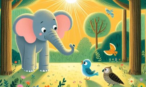 Un éléphant majestueux nommé Zéphyr, avec de grandes oreilles roses et une trompe grise, se tient au centre d'une clairière ensoleillée, affichant une expression de curiosité et de joie. À ses côtés, un petit oiseau bleu nommé Piu-Piu vole joyeusement autour de lui. La clairière est entourée d'arbres verts et de fleurs colorées, baignée par la lumière dorée du soleil couchant. Zéphyr écoute attentivement le vieux hibou sage, Sagesse, qui lui parle avec une voix douce. Zéphyr découvre le courage en écoutant les conseils de Sagesse, entouré de la beauté magique de la forêt.