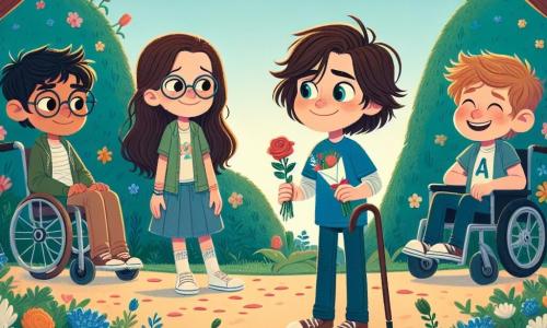 Dans un parc enchanteur, quatre personnages se distinguent : Léo, un garçon de 11 ans souriant avec une lettre d'amour ; Clara, une fille de 10 ans avec des lunettes, regardant Max avec un sourire timide ; Max, également âgé de 11 ans, tenant un bouquet de fleurs, et Sam, un garçon de 10 ans en fauteuil roulant, riant avec un chapeau de fête. Le parc, orné de fleurs colorées et d'un grand chêne, crée une ambiance magique avec des oiseaux chantants et des papillons dansants. La scène principale montre Léo, Clara et Max, alors que Max lit la lettre d'amour de Clara, entourés d'amis, célébrant l'amour et l'amitié dans une atmosphère joyeuse.