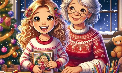 Une fillette de 9 ans, Clara, aux cheveux bouclés et dorés, avec des yeux pétillants de joie, est assise à son bureau en bois, entourée de feuilles colorées et de crayons. Elle sourit en tenant un livre fait main rempli de photos et de dessins, prête à le montrer à sa grand-mère. Sa grand-mère, âgée d'environ 70 ans, avec des cheveux gris et un visage doux, est assise près du sapin de Noël, émue en découvrant le livre de Clara. Le salon est chaleureux, décoré de guirlandes lumineuses et d'un grand sapin de Noël orné. Des flocons de neige tombent doucement à l'extérieur, créant une atmosphère magique. Clara présente son livre à sa grand-mère, émerveillée par les souvenirs et les illustrations, remplissant l'air d'amour et de magie de Noël.