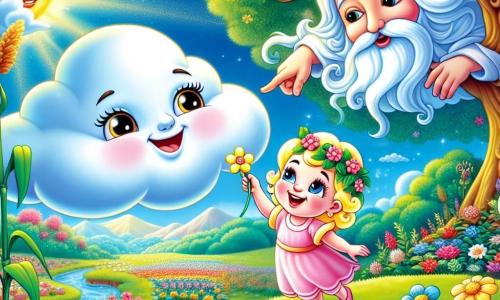 Petit Nuage, un nuage doux et moelleux, flotte joyeusement dans le ciel bleu, souriant. À côté de lui, Roseau, une petite fleur rose, se dresse sur une tige verte, curieuse et joyeuse, encourageant Petit Nuage à explorer. En arrière-plan, Sage Arbre, un arbre majestueux, affiche un visage sage et bienveillant, ses racines dans un jardin coloré où des fleurs dansent sous la brise. La scène se déroule dans un jardin enchanteur, avec un ruisseau scintillant et un ciel bleu parsemé de nuages blancs. Petit Nuage écoute attentivement les conseils de Roseau et Sage Arbre, prêt à apprendre des leçons sur la vie et l'amitié.