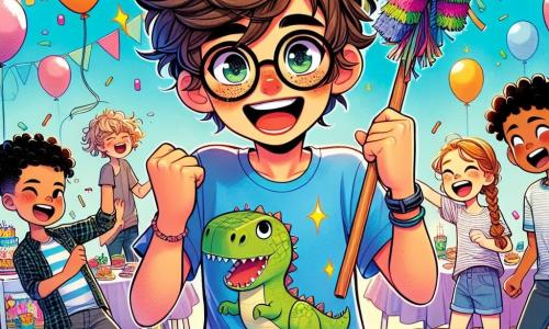 Un garçon de 12 ans, Victor, avec des cheveux bruns en bataille et des lunettes rondes, sourit avec des yeux pétillants d'excitation. Il porte un t-shirt bleu avec un dinosaure et un short coloré, au centre d'une salle polyvalente décorée de guirlandes et de ballons, tenant une grande enveloppe remplie de mots doux de ses amis. À sa droite, Malik, un garçon aux cheveux noirs et lunettes carrées, rit en tenant une piñata en forme de dinosaure. À sa gauche, Chloé, une fille de 11 ans avec des cheveux blonds tressés, ajuste une guirlande en papier. La salle est remplie de tables avec des bonbons, des gâteaux et des décorations festives, tandis que des enfants rient et dansent, créant une ambiance joyeuse. Victor célèbre son anniversaire entouré de ses amis, illustrant le bonheur et l'amitié lors de cette fête mémorable.