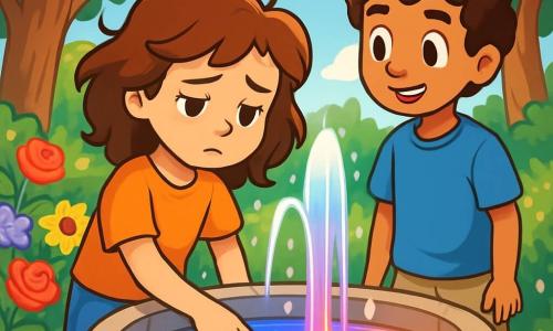 Émilie, une fille de 10 ans aux cheveux châtains et aux yeux pétillants, se tient près d'une fontaine magique, exprimant une douce mélancolie. Elle touche l'eau scintillante, observant les reflets lumineux. À ses côtés, Julien, un garçon de 10 ans aux boucles brunes et au sourire chaleureux, l'encourage. Le jardin est rempli de fleurs éclatantes et d'arbres majestueux. Émilie et Julien discutent des émotions d'Émilie, tandis que la fontaine change de couleur selon ses sentiments, créant une atmosphère paisible et magique.