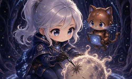 Lyra Nacréa, diplomate au visage déterminé et doux, yeux grands et brillants, cheveux argentés en queue de cheval, en tenue d’exploratrice spatiale bleu nuit ornée de runes lumineuses, tend la main pour arracher une fine aiguille noire plantée au cœur d’une petite étoile malade ; Orbi, esprit-mécanique cuivré ressemblant à un chat, moustaches en fibres optiques scintillantes, expression inquiète mais courageuse, flotte derrière elle en tenant une tablette lumineuse. L’étoile, petite et ronde, a une peau de feu pâle tachée de cendre grise, yeux fermés en attente douloureuse et émet de faibles halos argentés. La scène se déroule dans le Couloir du Silence, tunnel spatial indigo et gris aux murs veloutés et poussière d’étoiles en suspension, ambiance muette ; des runes bleu pâle forment un cercle protecteur autour d’eux, contrastant l’obscurité froide de l’aiguille et la chaleur fragile de l’étoile. Style : couleurs pastel profondes, traits ronds et mignons, expressions tendres et légèrement exagérées, éclairage doux centré sur l’étoile et les runes, composition claire pour enfants.