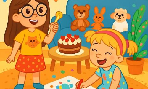 Il y a deux personnages principaux : Lila, une fille de 7 ans avec de longs cheveux bruns, des lunettes rondes, un t-shirt jaune avec un dessin de chat et une jupe à pois, qui tient un sifflet jaune ; et Zoé, également âgée de 7 ans, avec des cheveux blonds en couettes, un bandeau rose, une robe à fleurs et des chaussettes rayées, assise par terre, entourée de gommettes colorées et dessinant sur une grande affiche. L'action se déroule dans un salon chaleureux avec un tapis moelleux, un canapé bleu, des guirlandes de papier coloré, une plante verte nommée Fernand décorée de confettis, des doudous sur le canapé et un gâteau moelleux décoré de fraises et de chocolat. Lila et Zoé préparent leur Fête du Salon, riant ensemble dans un environnement coloré, prêtes à accueillir leurs amis pour une journée de rires et de jeux.