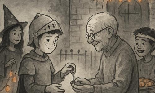 Malo, garçon de 12 ans au visage rond et taches de rousseur, calme et courageux, en costume de chevalier simple et casque de travers, tend doucement une clé en métal brillant à M. Saule, un homme d’environ 60 ans, pull trop grand gris-beige, lunettes basses, sourire timide et yeux humides, légèrement voûté, tandis qu’Inès, fille de 12 ans, sorcière élégante au chapeau pointu, allume une guirlande de petites lanternes en papier derrière Malo à gauche et que Tom, garçon de 11 ans déguisé en zombie sportif, tenue déchirée et farine au nez, tient une assiette de biscuits citrouille à droite; scène devant une façade en briques la nuit avec portail bas, guirlande de lanternes orange, citrouilles en papier, petite lanterne sur le perron et feuilles mortes au sol, ambiance chaleureuse et légèrement magique mêlant lumière orangée et ciel bleu nuit, traits d’encre fluides et lavis gris; moment tendre de partage et de réconfort.