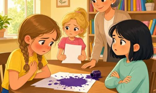 Quatre personnages dans une petite salle de soutien scolaire lumineuse : Lila, 9 ans, cheveux châtain clair en deux tresses, t-shirt jaune et jupe bleue, assise à gauche de la table, le visage rouge de honte et la main sur la poitrine en confessant ; Nora, 9 ans, cheveux noirs au carré, pull vert menthe, assise à droite, bras croisés et visage blessé mais ferme ; Manon, 9 ans, cheveux blonds en couette, robe rose, derrière la feuille tachée, main sur une nouvelle feuille blanche, soulagée ; Mme Bouchard, une femme d'environ 50 ans aux cheveux gris en bun et gilet beige, debout près de la bibliothèque, une main apaisante sur la table ; au centre une table en bois clair avec une grande tache d'encre violette sur une feuille, étagère de livres colorés et fenêtre laissant entrer une lumière chaude, pots de crayons et boîte d'encre renversée, compositions centrée sur les visages et la table, couleurs vives, lignes nettes, style vectoriel petit format livre jeunesse.