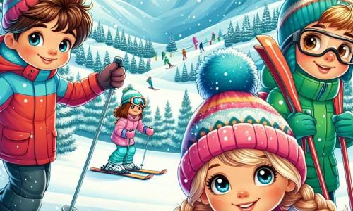 Pierre, un garçon de 8 ans aux cheveux bruns en bataille et aux yeux curieux, se tient sur une pente enneigée, souriant largement. Il porte un manteau rouge, un bonnet bleu et des gants colorés, tenant des skis sous ses bras, prêt à dévaler la montagne. À ses côtés, Julie, sa camarade aux cheveux blonds tressés et lunettes, ajuste ses skis avec concentration, vêtue d'une combinaison rose et d'une écharpe blanche, affichant excitation et nervosité. En arrière-plan, Maxime, un garçon aux cheveux châtains et joues rosies, rit en tombant dans la neige, vêtu d'une veste verte et d'un bonnet à pompon. Le décor est une station de ski magnifique, avec des montagnes enneigées et un ciel bleu clair, où des enfants s'amusent sur les pentes. Pierre et ses amis sont prêts à skier pour la première fois, impatients de vivre leur aventure.