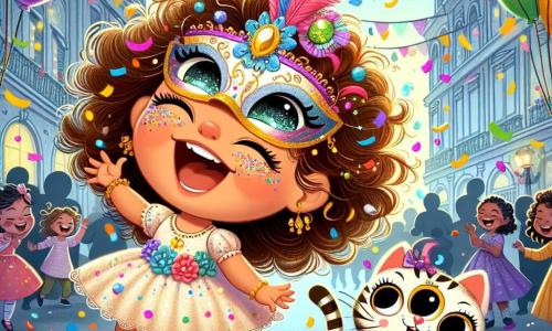 Une petite fille de 1 an, Lila, avec de grands yeux pétillants et un sourire radieux, porte un masque coloré orné de paillettes. Elle danse joyeusement au milieu d'une pluie de confettis, ses cheveux bouclés flottant autour d'elle. À côté, un petit chat tigré aux yeux malicieux saute en tournant sur lui-même, ajoutant de la magie à la scène. En arrière-plan, une rue animée est décorée de ballons multicolores sous un ciel bleu, tandis que des enfants et des adultes rient et dansent, créant une atmosphère festive. La scène montre Lila et le chat dansant ensemble, entourés de confettis et de sourires, capturant l'esprit enjoué du carnaval.