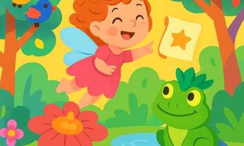 Une petite fée rose aux ailes bleu ciel, nommée Lila, vole joyeusement au-dessus d'une fleur géante qui sent la fraise. Son visage est illuminé par un grand sourire, ses yeux pétillent d'émerveillement et ses cheveux bouclés flottent au vent. À côté d'elle, une grenouille chef avec une couronne en feuilles vertes l'observe, assise sur un caillou au bord d'une rivière scintillante. La forêt est remplie d'arbres colorés, leurs feuilles brillent sous le soleil. Des oiseaux aux plumes éclatantes chantent, tandis qu'un doux parfum de fleurs embaume l'air. Lila découvre une invitation dorée flottant devant elle, l'incitant à explorer les merveilles de la forêt.
