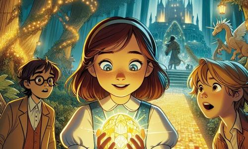 Au centre de l'image, Alice, une fille de 10 ans aux longs cheveux bruns, tient une pierre lumineuse émettant une douce lumière dorée. À sa droite, Hugo, un garçon de 11 ans aux cheveux blonds en bataille et portant des lunettes, admire la pierre avec un large sourire. À gauche, Clément, un garçon de 10 ans avec des cheveux châtains, pointe un chemin pavé de pierres luminescentes menant à un temple mystérieux. Ils se trouvent dans une forêt enchantée, peuplée d'arbres majestueux et de créatures fantastiques, tandis qu'un ancien temple, couvert de lierre, se dresse en arrière-plan. Les enfants sont réunis autour du Cœur de l'Aube, une pierre magique flottante, se préparant à affronter les épreuves du temple.