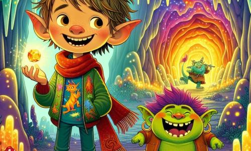 Au centre de l'image, un garçon de 12 ans nommé Octave, avec des cheveux châtains en bataille et un grand sourire, se tient devant une grotte lumineuse. Il porte un T-shirt avec un dragon coloré et une écharpe rouge, ses yeux brillants d'excitation. À ses côtés, un troll farceur, petit et rond, avec une peau verte, tient une clé brillante et rit joyeusement. En arrière-plan, un dragon aux écailles multicolores, endormi, ronfle dans sa grotte, entouré de stalactites scintillantes. La scène se déroule dans une forêt enchantée, où les arbres souriants et les fleurs chantantes ajoutent de la magie à l'environnement. Octave, le troll et le dragon sont en quête de la pierre de sagesse perdue, créant une atmosphère d'aventure.
