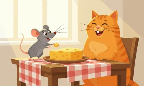 Rémi, petit rat gris aux grandes oreilles rondes et longues moustaches, se tient sur la pointe des pattes, queue courbée, tend une patte pour attraper un morceau de fromage doré pendant que Félix, grand chat orange rayé au pelage doux et aux yeux plissés, rit la bouche ouverte et reste distrait, assis à droite de Rémi sur une table en bois recouverte d’une nappe à carreaux rouges et blancs portant un grand plateau avec un gros fromage brillant ; la cuisine lumineuse aux murs crème et au sol carrelé est traversée d’un rayon de soleil — scène tendre et amusante aux couleurs vives, formes simples et contours nets.
