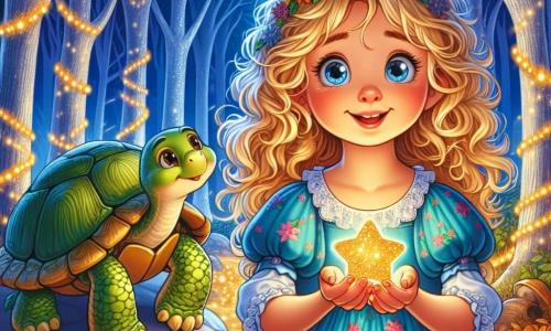 Lila, une petite fille de 8 ans aux cheveux bouclés et dorés, porte une robe bleue à fleurs et sourit avec curiosité. Elle tient une étoile scintillante dans ses mains. À ses côtés, une tortue sage, avec un dos verdoyant et des yeux pétillants, l'observe sur une pierre. La scène se déroule dans la Forêt des Miroirs, où des arbres aux troncs argentés reflètent la lumière et des feuilles dorées tombent doucement, créant une atmosphère magique. Lila, fascinée, s'apprête à poser une question à la tortue pour mieux comprendre ce monde enchanteur.