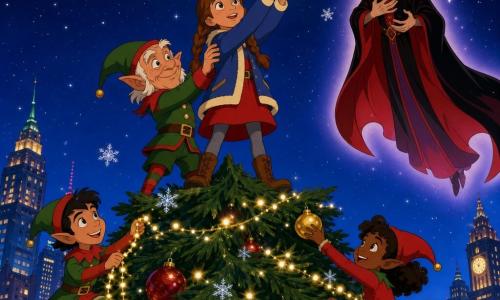 Clara, 12 ans, visage rond et taches de rousseur, cheveux châtain en deux tresses, se tient au sommet d’un immense sapin de Noël urbain sous un ciel étoilé et neigeux, brandissant une clé de Noël dorée qui diffuse une douce lumière; Pipo, l’elfe en chef au grand sourire malicieux, pose une main encourageante sur son épaule, deux autres elfes grimpent aux branches en distribuant des guirlandes et la regardent avec admiration, tandis qu’un sorcier grand et maigre, en long manteau noir virant au rouge, flotte au-dessus du sapin dans un halo lumineux; les branches épaisses sont décorées de boules rouges et or, guirlandes chaudes et flocons scintillants, les bâtiments illuminés se devinent en arrière-plan, la magie de Noël revenant en une explosion de lumières chaleureuses.