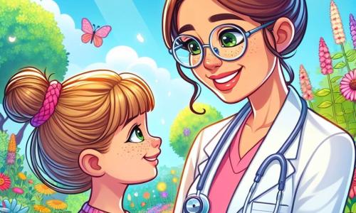 Le personnage principal est Docteur Lily, une femme souriante d’environ 30 ans, avec des cheveux bruns en chignon et des lunettes rondes. Elle porte une blouse blanche et un stéthoscope, regardant bienveillant une petite fille, Clara, 7 ans, avec de longs cheveux blonds et des taches de rousseur. Clara, en pull rose, sourit, se sentant mieux après avoir pris l’air frais. La scène se déroule dans un jardin coloré, rempli de fleurs et d’arbres, sous un soleil brillant avec des papillons. Docteur Lily aide Clara à se sentir mieux après un rhume en l’encourageant à respirer l’air frais du jardin.