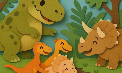 Un Tyrannosaure Rex rond au cuir vert olive tacheté, au regard doux et posture protectrice, tend une patte vers un bébé Triceratops dodu couleur pêche aux joues roses, soulagé, que deux petits vélociraptors vifs aux plumes orange et jaune tiennent et sortent d’un ravin rocheux pour le ramener à sa maman Triceratops robuste au cuir brun clair, cornes larges, qui attend heureuse sur une prairie verte ; clairière préhistorique avec grandes fougères, troncs épais, rochers gris et ciel bleu avec soleil jaune ; scène de sauvetage joyeuse, sourires, couleurs vives, formes simples et contours nets, adaptée aux tout-petits.