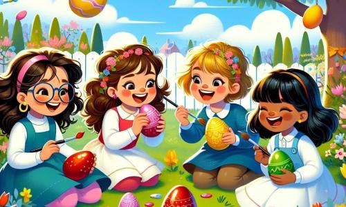 Quatre petites filles joyeuses, âgées de 7 à 8 ans, sont réunies dans une cour ensoleillée. Chloé peint un œuf en chocolat rouge, Lila rit en tenant un œuf bleu décoré, Ana admire un œuf vert brillant qu'elle a peint, et Zoé cache un œuf jaune sous un buisson fleuri. La cour est remplie de fleurs colorées, avec des tulipes et des jonquilles, et un grand arbre se dresse au fond, décoré de guirlandes de papier. Les filles s'amusent à peindre et cacher des œufs de Pâques, riant et chantant ensemble, créant une ambiance festive.
