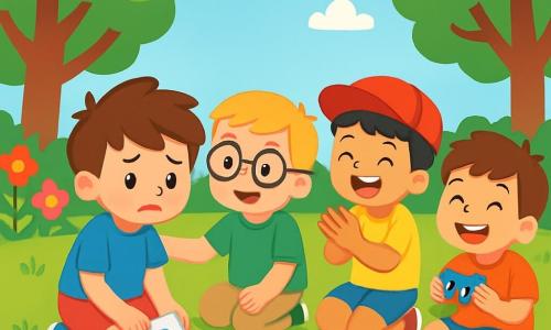Quatre enfants sont réunis dans un jardin ensoleillé. Tom, 7 ans, a des cheveux bruns en bataille et porte un t-shirt bleu et un short rouge. Il est assis par terre, inquiet en regardant les cartes de jeu. À côté de lui, Léo, 7 ans, avec des cheveux blonds et des lunettes rondes, sourit et l'encourage. Noé, 6 ans, a des cheveux noirs et une casquette rouge, et il tape dans ses mains avec enthousiasme. Louis, 8 ans, avec des cheveux châtains et un t-shirt orange, est assis légèrement en retrait avec des petites voitures, riant avec ses amis. Le jardin est rempli de fleurs colorées et d'arbres verts, et les enfants jouent joyeusement ensemble, partageant leurs émotions.