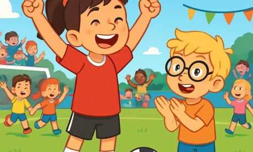 Zoé, une jeune footballeuse enthousiaste en maillot rouge et short noir, sourit en levant les bras en signe de victoire sur le terrain de football. À ses côtés, Léo, un petit garçon de 8 ans avec des lunettes et des cheveux blonds en bataille, applaudit avec admiration. Le terrain est verdoyant, entouré de spectateurs joyeux et de banderoles colorées, sous un ciel bleu avec quelques nuages. La scène montre Zoé célébrant la victoire de son équipe après un match palpitant, entourée d'enfants curieux et enthousiastes.