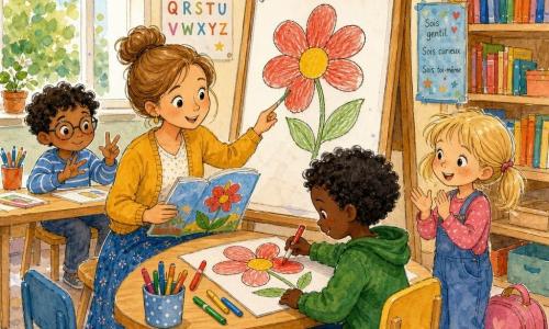 Une institutrice souriante aux cheveux châtain clair en chignon, vêtue d’un cardigan jaune moutarde et d’une jupe bleue, tient un grand livre et montre une fleur dessinée au tableau pendant qu’un garçon de 6 ans aux cheveux bouclés colorie avec un feutre rouge assis à la table, une fille de 5 ans aux couettes blanches applaudit près d’un cartable rose et un autre garçon de 6 ans portant des lunettes compte sur ses doigts à l’arrière; la classe est lumineuse avec de grandes fenêtres, des posters de l’alphabet, des étagères de livres colorés et des pots de feutres, ambiance calme et joyeuse, couleurs vives et textures aquarelle.