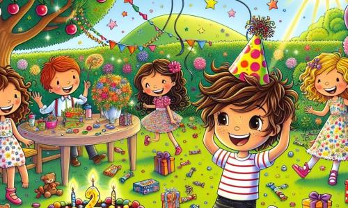 Dans un jardin ensoleillé, Léo, un garçon de 11 ans avec des cheveux bruns en bataille et un chapeau de fête décoré d'étoiles, sourit au centre de la scène. À sa gauche, Clara danse joyeusement dans une robe colorée, et à sa droite, Tom, avec des lunettes rondes, tient un gros paquet cadeau. Emma est accroupie près d'un cerisier, curieuse, tandis que Max rit en tenant un bonbon flottant. Le jardin est décoré de ballons colorés, de guirlandes scintillantes et d'une grande table avec un gâteau au chocolat. Léo et ses amis célèbrent son anniversaire dans une ambiance magique, tandis qu'un petit dragon scintillant, Pikou, vole au-dessus d'eux en faisant tomber des confettis.