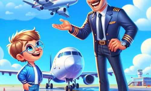 Un homme, Paul, pilote d'avion, se tient souriant sur le tarmac, portant une casquette bleue et une veste élégante. Ses yeux brillent d'excitation et ses cheveux châtains sont légèrement ébouriffés par le vent. Il parle joyeusement à un petit garçon d'environ 7 ans, aux cheveux blonds et lunettes rondes, qui l'écoute attentivement, les mains sur les hanches. L'aéroport est animé, avec un grand avion blanc et bleu en arrière-plan, sous un ciel bleu éclatant. Paul explique avec enthousiasme comment piloter un avion, tandis que le garçon rêve de voler.