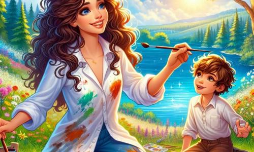 Éloïse, une jeune femme aux cheveux châtains ondulés, est assise sur l'herbe, souriante. Elle porte une blouse blanche tachée de peinture et tient un pinceau, prête à peindre le paysage. À ses côtés, Lucas, un garçon de dix ans aux cheveux bruns en bataille, l'observe avec émerveillement, assis en tailleur et un pinceau à la main. Ils se trouvent au bord d'un lac, entouré d'arbres verdoyants et de fleurs colorées, sous un soleil éclatant. Éloïse montre à Lucas comment peindre les vagues du lac, tandis que des oiseaux chantent dans les branches. Cette scène illustre un moment de créativité et de partage entre deux artistes en herbe.