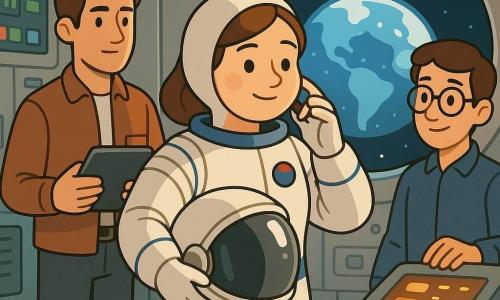 Lina, astronaute au visage rond et au sourire doux, porte une combinaison blanche à bandes bleues et tient un casque argenté contre sa poitrine en ajustant la visière près d'une grande baie vitrée ; Sam, 32 ans, cheveux courts châtains, à gauche, regarde des écrans en tenant une tablette ; Noa, 28 ans, visage jeune et lunettes rondes, à droite, surveille des instruments près d'une console lumineuse ; le centre spatial est une grande salle propre aux murs métalliques avec panneaux lumineux, câbles soignés et une immense fenêtre montrant la Terre et les étoiles ; Lina se prépare au départ, la lumière douce éclairant son visage, ambiance paisible et pleine d'espoir.