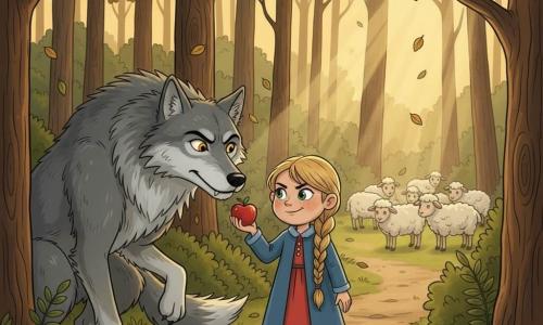 Une fillette de 8 ans au visage rond et taches de rousseur, cheveux blonds en tresse et yeux verts, maline mais un peu anxieuse, sourit en fronçant les sourcils ; elle tend une pomme rouge brillante vers un grand loup gris, corpulent et musclé aux yeux jaunes, méfiant et reculant d'un pas, sur un petit chemin forestier ; à droite, un troupeau de moutons blancs pâture dans une clairière ; la forêt dense (troncs bruns, sous-bois sombre, feuilles dorées) baigne dans une lumière douce de fin d'après‑midi ; scène centrée sur ce geste de ruse et de tension, contrastes rouge/vert/gris, style graphique aux lignes nettes, couleurs saturées mais douces et textures simples, ambiance chaleureuse malgré le danger.