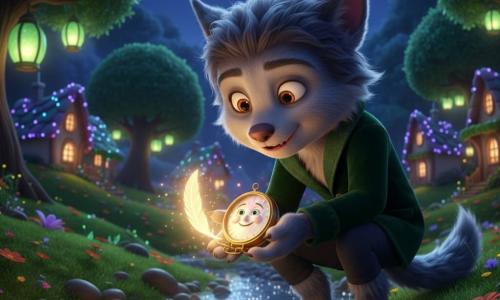 Un jeune loup-garou aux poils gris bleutés, grandes oreilles rondes et yeux ambrés, sourit timidement en tenant une petite boussole en nacre qui émet une plume lumineuse; il porte une veste en velours vert foncé et des bottes boueuses, accroupi au bord du Ruisseau-Argenté, patte trempée dans l'eau scintillante. La boussole, petite et joyeuse, tourne en laissant tomber des étincelles douces. Aucun humain n’est présent. Lieu : vallée nocturne aux herbes phosphorescentes, maisons aux toits scintillants, arbres-feuilles-lanternes et trois lunes nacrées dans un ciel indigo; lumières douces, lucioles et reflets argentés sur l'eau, textures de mousse veloutée, eau miroir et pierre humide. Scène : découverte émerveillée de la boussole des merveilles, prête à suivre la plume lumineuse. Style : rendu 3D cinématographique, couleurs saturées mais douces, formes rondes enfantines, atmosphère magique et chaleureuse.