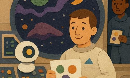 Léo, un homme calme et souriant aux cheveux bruns courts en combinaison spatiale claire avec un petit mouchoir bleu en poche, tient une carte en papier avec trois ronds colorés (vert, violet, orange) et écrit dessus; Nomi, l’ordinateur, est un petit robot rond blanc à grand œil lumineux flottant près du tableau de bord; une ingénieure d’une trentaine d’années, cheveux attachés et veste technique, observe une tablette où s’illuminent les mêmes trois points depuis l’arrière, derrière un hublot; un pilote d’environ 35 ans, pantalon de vol sombre et sourire fatigué, regarde la scène depuis l’entrée du vaisseau; le cockpit du petit vaisseau Pollen a un grand hublot rond, panneaux colorés, tiroirs étiquetés et décor papier avec étoiles et nébuleuses; dehors, visible par le hublot, une petite boule verte scintillante, un nuage violet en rubans et une lune orange avec trois rochers formant les repères lumineux; Léo montre sa carte et pointe les trois repères dans une scène douce et rassurante aux formes nettes et couleurs vives adaptées aux enfants.