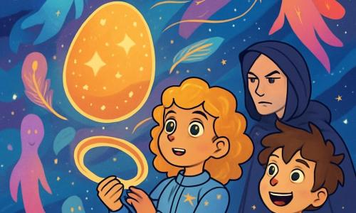 Alya, une jeune fille de douze ans aux cheveux bouclés et dorés, se tient au centre d'une nébuleuse scintillante, son visage illuminé par l'émerveillement et la détermination. Elle porte une combinaison spatiale légère ornée de motifs étoilés et tient un anneau lumineux, prête à poser une question au cosmos. À ses côtés, Milo, un garçon aux cheveux en bataille et aux yeux pétillants, l'observe avec curiosité. En arrière-plan, Dame Ustrine, une femme aux traits sévères, se tient légèrement en retrait, l'air perplexe mais intéressée. Le décor est une vaste nébuleuse remplie de plumes de lumière et d'œufs-cosmos scintillants, créant une atmosphère magique. Alya est prête à poser sa question, tandis que les Tisseurs d’Aurore, des êtres translucides, flottent autour d'eux, chantant doucement.