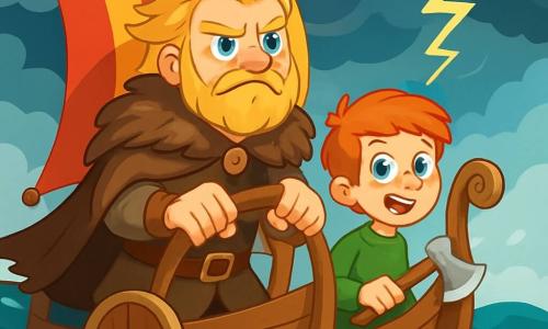 Un jeune viking nommé Björn, aux cheveux blonds et à la barbe hirsute, tient fermement la barre de son drakkar, affichant une détermination courageuse. À ses côtés, son ami Erik, un garçon de douze ans aux cheveux roux, admire son ami tout en tenant une hache miniature. Le drakkar glisse sur une mer agitée, sous un ciel assombri par des nuages menaçants et des éclairs. Björn navigue à travers la tempête pour découvrir les mystères cachés derrière le brouillard magique.