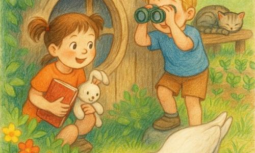 Une fillette de six ans, joyeuse et concentrée, cheveux châtains en couettes, accroupie près d’une petite fenêtre ronde de cabane tient un carnet à dessin rouge et un doudou lapin, tandis que Tom, garçon de six ans aux cheveux blonds en bataille, en t‑shirt bleu, se tient sur un caillou à côté d’elle avec des jumelles en plastique; une grosse colombe blanche picore des miettes devant la fenêtre en laissant des petites empreintes rondes dans la terre meuble, le chat gris rayé de la voisine dort roulé sur un banc proche, et le jardin coloré (herbe verte, fleurs jaunes et rouges, potager, cabane en bois vieilli) baigne dans une lumière matinale chaude; la scène, aux traits simples et couleurs pastel de crayon de couleur, montre la découverte et l’émerveillement des enfants.