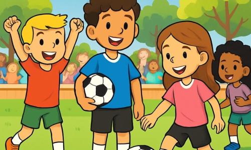Quatre enfants jouent au football : Hugo, 12 ans, cheveux bruns et bouclés, porte un maillot bleu et un short noir, souriant avec un ballon sous le bras. Léo, 12 ans, cheveux blonds, t-shirt rouge et short vert, lève les bras avec enthousiasme à gauche d'Hugo. Clara, 12 ans, cheveux châtains, maillot rose et short noir, fait une passe à droite d'Hugo, souriante. Sofia, 12 ans, cheveux frisés et noirs, t-shirt violet et short bleu, est prête à courir vers le ballon. Ils sont sur un terrain de football verdoyant, entouré d'arbres, avec des enfants et des parents en arrière-plan, créant une ambiance festive. L'image illustre l'esprit d'équipe et l'égalité des genres, avec Clara passant le ballon à Léo, tandis qu'Hugo et Sofia se préparent à marquer.