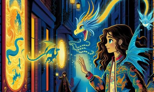 Au centre de l'image, Lila, une fille de 11 ans aux longs cheveux châtains et aux yeux curieux, porte une veste colorée avec des motifs de dragons. Elle tend les mains vers un ancien miroir magique qui scintille d'une lumière dorée, révélant une créature fantastique. À ses côtés, un dragon miniature nommé Zephyr, aux écailles bleu profond et aux yeux d'or, flotte dans les airs, prêt à l'aider. En arrière-plan, Lune, une créature mystérieuse à la silhouette sombre et aux yeux tristes, observe la scène avec espoir. Le décor est une ruelle étroite de Verneuil, ornée de graffitis colorés et de lianes sombres, où la lumière du couchant se mêle aux néons, créant une atmosphère magique. Lila est prête à découvrir un monde fantastique, encouragée par Zephyr et Lune, symbolisant l'union entre le réel et le magique.