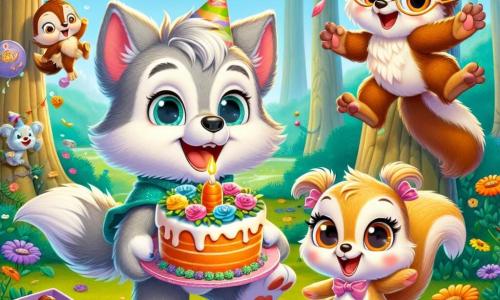 Au centre de l'image, Loulou, un petit loup au pelage gris et aux yeux joyeux, tient un gâteau à la carotte décoré de fleurs. Il sourit, excité pour son anniversaire. À sa droite, Gracie, une écureuil espiègle avec une fourrure brun clair, saute de joie en tenant une boîte de noisettes en chocolat. À gauche, Hugo, un hibou sage aux plumes marron et lunettes rondes, observe avec bienveillance. En arrière-plan, une clairière enchantée entourée d'arbres majestueux et de fleurs colorées crée une ambiance festive. Loulou est entouré de ses amis, prêts à célébrer avec rires et magie.