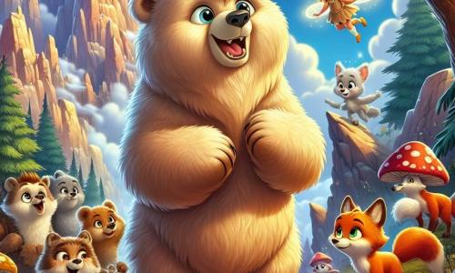 Un ours nommé Oscar, au pelage doré et doux, se tient au centre de la scène avec un regard déterminé. Il a de grands yeux brillants et un sourire chaleureux, rugissant avec force, entouré de ses amis. À ses côtés, une petite fée nommée Lila, avec des ailes scintillantes, vole joyeusement, ses yeux pétillants d'espoir. Dans le fond, un groupe de renards malicieux observe avec curiosité, prêts à aider Oscar dans sa quête. La scène se déroule au Mont des Échos, un sommet majestueux sous un ciel bleu éclatant. L’atmosphère est magique, avec des éclats de lumière créant une ambiance féerique. Oscar rugit pour rassembler ses amis et défier la sorcière maléfique qui a volé les couleurs de la forêt, tandis que Lila et les renards l’encouragent, formant un tableau vibrant de courage et d’amitié.