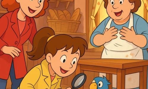 Zoé, jeune détective souriante et concentrée, cheveux châtain en queue de cheval, manteau jaune pâle, tient une loupe et soulève le rideau d’une boulangerie cosy pour découvrir Plumeau, une perruche bleue malicieuse au cou une petite clochette dorée, cachée sous une table ; Madame Rivière, boulangère d’environ 50 ans au visage chaleureux et tablier taché de farine, se tient à droite, surprise, et Capucine, d’environ 30 ans au manteau rouge et cheveux bouclés, à gauche, amusée et tendant la main vers l’oiseau ; ambiance matinale chaleureuse, lumière traversant la vitrine, couleurs vives, traits simples et arrondis, composition centrée sur la table et la perruche.