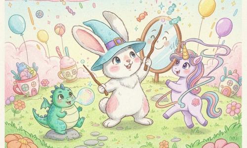 Un petit lapin magique anthropomorphe au pelage blanc duveté avec taches rose pastel, grandes oreilles tombantes, chapeau pointu bleu clair et baguette en bois tordue, agite sa baguette en projetant des étincelles colorées ; à gauche Gigi le petit dragon rond vert aux écailles turquoise éternue une bulle de savon arc‑en‑ciel en se tenant sur une pierre, à droite Lila la petite licorne lavande à crinière multicolore ondulante tourne en envoyant des rubans colorés, derrière se trouve un miroir parlant ovale sur pied en bois avec un visage souriant, le tout dans une prairie féerique de Patafouille à herbe verte parsemée de fleurs géantes, nuages roses, maisons en forme de tasses, chemin pavé, ballons flottants et pluie de bonbons ; le lapin lance un sort pour ramener les couleurs, des arcs‑en‑ciel de bonbons et des ballons multicolores tombent doucement, ambiance ludique et lumineuse, rendu crayons de couleur aux textures douces, contours clairs et palette vive.