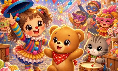 Un petit ours en peluche chibi, joyeux et curieux, pelage miel, yeux ronds brillants, petite écharpe rouge à pois, saute sur la pointe des pieds parmi des confettis; une fillette chibi costumée en clown, sourire large, couettes colorées et robe à volants rayée agite un grand chapeau à gauche; un chaton tambourinier chibi, pelage gris rayé, frappe doucement un tambour derrière eux avec des notes dessinées dans l’air; en arrière-plan, silhouettes d’adultes festifs en costumes et masques qui rient et jettent des confettis; rue de carnaval pavée avec guirlandes de fanions rouge, jaune et bleu, stands en bois vendant sucettes et lampions, petites lumières scintillantes; ambiance de fête animée, musique en vagues colorées et pluie douce de confettis, l’ours émerveillé par la musique et les sucreries.