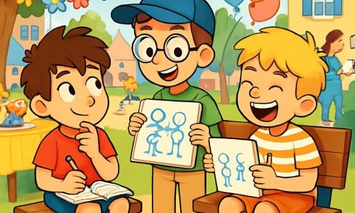 Trois garçons de 10 ans sont présents : Jules, avec des cheveux bruns en bataille, un t-shirt rouge et un short bleu, est assis sur un banc en bois avec un carnet et un crayon, pensif. Maxime, portant une casquette bleue et des lunettes rondes, se tient à côté de lui, montrant son carnet rempli de dessins. Léo, aux cheveux blonds et en t-shirt rayé, rit avec eux tout en tenant un crayon. L'action se déroule sur la place du village de Chanterelle-les-Prés, décorée de maisons colorées et de guirlandes de fleurs en papier. Les trois amis discutent et dessinent des idées pour la fête des mères, entourés d'une ambiance joyeuse avec des enfants jouant et des mamans échangeant des lettres.