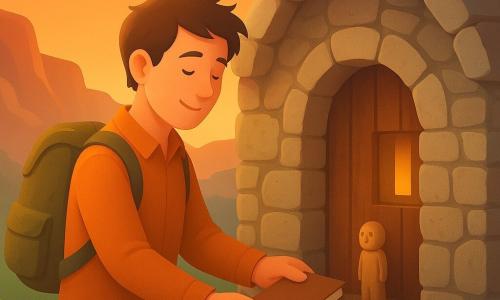 Un explorateur nommé Henri, avec un visage serein et souriant, porte un sac à dos usé et tient un carnet dans sa main, se tenant devant un petit refuge en pierre. Ses cheveux bruns sont légèrement ébouriffés par le vent. À côté de lui, une petite statuette en bois est posée sur une étagère à l'intérieur du refuge. Le refuge est fait de pierres anciennes, avec une porte en bois et une petite fenêtre laissant entrer une douce lumière. Autour, les falaises du cirque volcanique brillent sous le ciel orangé du crépuscule, et une vapeur douce s'échappe des fissures dans les roches cuivrées. Henri est en train de déposer son carnet sur l'étagère, de manière respectueuse et attentionnée.