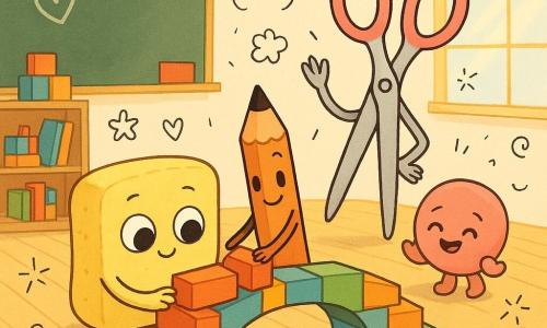 Émile, petite éponge anthropomorphe jaune pâle aux grands yeux ronds et sourire timide, est assise et tend un bloc en mousse pour construire un pont; Pierre, crayon brun-orange fin à mine noire, bras minuscules et air concentré, pose soigneusement un bloc à côté d'Émile; Madame Ciseaux, grande paire de ciseaux en métal brillant aux manches roses, souriante et bienveillante, se tient derrière en encourageant; Léa la gomme, petite ronde et rose, roule en applaudissant. La classe claire et colorée, avec tableau noir, étagères basses, sol en lattes claires et rayons de soleil, abrite la construction d'un grand pont de blocs entouré de tours inachevées, doodles de cœurs et d'étoiles, palette vive et douce, style simple et expressif aux traits arrondis, atmosphère joyeuse et collaborative.
