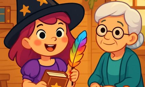 Lila, une jeune apprentie sorcière, se tient dans une chaumière en bois, déterminée et excitée. Elle porte un chapeau pointu noir orné d'étoiles dorées et une robe violette à volants, tenant une plume d’oiseau arc-en-ciel et un vieux grimoire. À ses côtés, Mamie Eugénie, une femme âgée aux cheveux argentés, l'observe avec fierté, entourée de bocaux de potions colorées. La chaumière est lumineuse, avec des murs en bois, des étagères de livres anciens et des herbes suspendues. Lila, pleine d'énergie, se prépare à lancer un sort pour briser une malédiction sur leur village, encouragée par Mamie Eugénie.