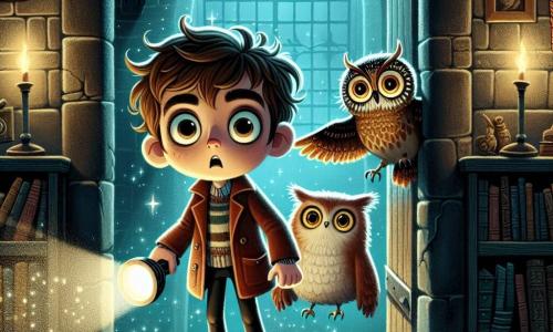 Un garçon de 10 ans, Lucas, avec des cheveux châtain clair en désordre et des yeux curieux, se trouve dans une pièce sombre. Son visage montre de l'excitation et une légère peur, tenant une lampe torche qui éclaire des ombres sur les murs. À ses côtés, Nimbus, une créature fantastique entre un chat et un hibou, flotte dans les airs, prêt à le guider. La scène se déroule dans une ancienne pièce de l'École des Sages, avec des murs en pierre couverts de lierre et des étagères de vieux livres. Une lumière tamisée entre par une fenêtre sale, créant une atmosphère intrigante. Lucas, déterminé, se tient devant une porte en bois ornée de motifs étranges, prêt à entrer dans l'inconnu, tandis que des ombres se déplacent autour de lui.