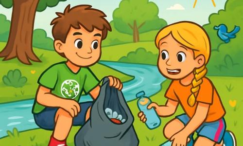 Maxime, un garçon de 12 ans aux cheveux châtains en bataille et aux yeux déterminés, porte un t-shirt vert avec le slogan « Sauvons notre planète ! ». Accroupi près d'une rivière, il sourit fièrement en tenant un sac poubelle rempli de déchets. À ses côtés, Lucie, une fille de 11 ans aux cheveux blonds tressés, l'aide à ramasser des bouteilles en plastique. Le décor est un parc verdoyant avec des arbres, des fleurs colorées et une rivière claire. Maxime et Lucie nettoient la rivière, entourés de déchets et de nouvelles fleurs plantées, symbolisant l'espoir et le changement.