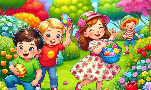 Dans un jardin en pleine floraison, quatre enfants sont réunis pour une chasse aux œufs de Pâques. Tom, 7 ans, sourit au centre avec un panier bleu rempli d'œufs colorés. À sa droite, Mia, 6 ans, danse avec un œuf rose. À gauche, Sam, 7 ans, examine un œuf jaune sous un buisson. Lucas, 6 ans, se tient en arrière-plan, levant les bras avec un grand sourire. Le jardin est rempli de fleurs éclatantes et le ciel est bleu avec des nuages. Les enfants rient et s'amusent, profitant de la beauté du printemps.